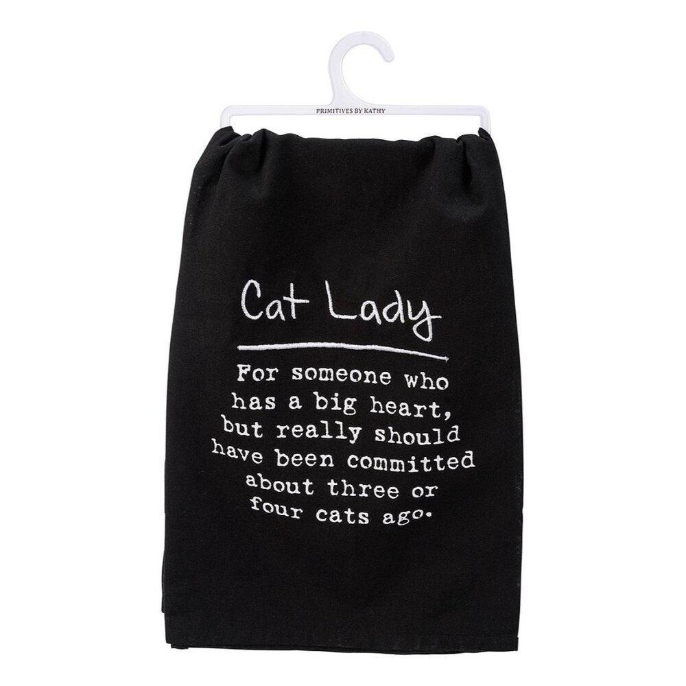Cat Lady Dish Towel Primitives by Kathy  Black White Kitchen Linen
